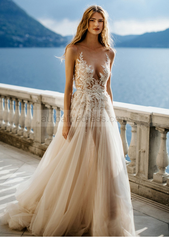 Beaded Lace Tulle Sexy Boho Beach Wedding Dress